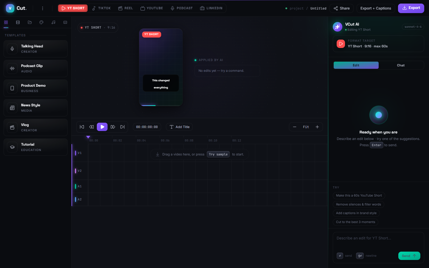 VCut editor with timeline and AI assistant panel